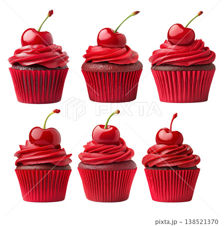 Chocolate cupcake with red frosting and cherry on top, isolated on white background, concept of dessert and sweets Chocolate cupcake with red frosting and cherry on top, isolated on white background, concept of dessert and sweets 138521370