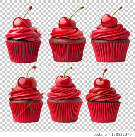 Chocolate cupcake with red frosting and cherry on top, isolated on white background, concept of dessert and sweets 138521370