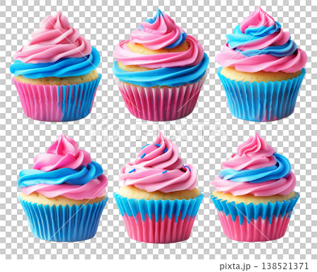 Sweet cupcake topped with pink and blue swirled frosting in wrapper, isolated on white transparent background 138521371