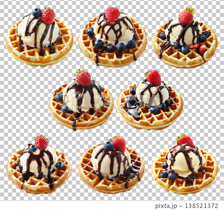 Waffle topped with vanilla ice cream, chocolate syrup, raspberry, and blueberries isolated on white background 138521372