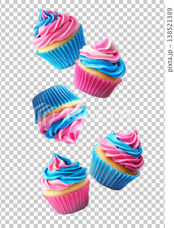 Bright cupcakes with pink and blue swirled frosting and paper wrappers, on white background, concept of festive dessert pattern 138521389