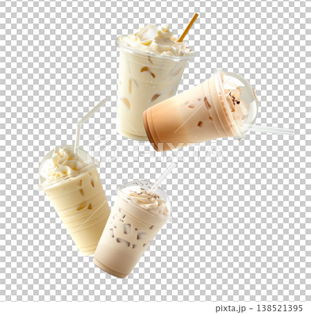 Multiple iced coffee beverages with cream or horchata isolated on white background, concept of refreshing cold drinks Multiple iced coffee beverages with cream or horchata isolated on white background, concept of refreshing cold drinks 138521395