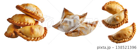 Fried baked pastry empanadas filled with ground beef cheese ham and crimped edges, isolated on white background Fried baked pastry empanadas filled with ground beef cheese ham and crimped edges, isolated on white background 138521396