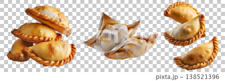 Fried baked pastry empanadas filled with ground beef cheese ham and crimped edges, isolated on white background Fried baked pastry empanadas filled with ground beef cheese ham and crimped edges, isolated on white background 138521396