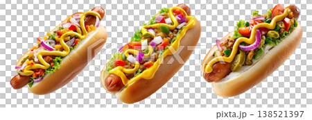 Brazil Hot Dog Completo overloaded hot dog with mustard, veggies, and cheese on sesame bun, isolated on white background 138521397