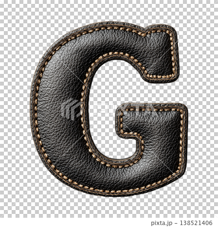 Black leather stitched letter G isolated on white background, concept of premium typography and craftsmanship Black leather stitched letter G isolated on white background, concept of premium typography and craftsmanship 138521406