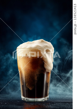 Frothy stout beer tall glass on a dark background, representing refreshment and rich beverage appeal Frothy stout beer tall glass on a dark background, representing refreshment and rich beverage appeal 138521413