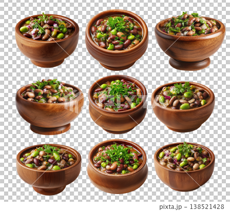 Set of Egypt Ful medames fava bean stew with garlic, oil, lemon and cilantro in wooden bowl, on white background, Arabic food Set of Egypt Ful medames fava bean stew with garlic, oil, lemon and cilantro in wooden bowl, on white background, Arabic food 138521428