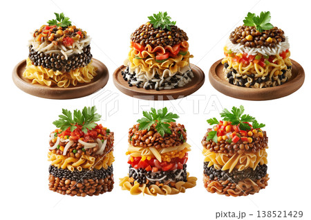 Set of Egypt Koshari layered lentils rice pasta with vegetables and tomato sauce arranged on wooden plate, on white background 138521429