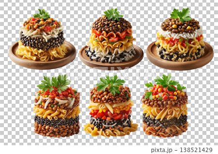 Set of Egypt Koshari layered lentils rice pasta with vegetables and tomato sauce arranged on wooden plate, on white background 138521429
