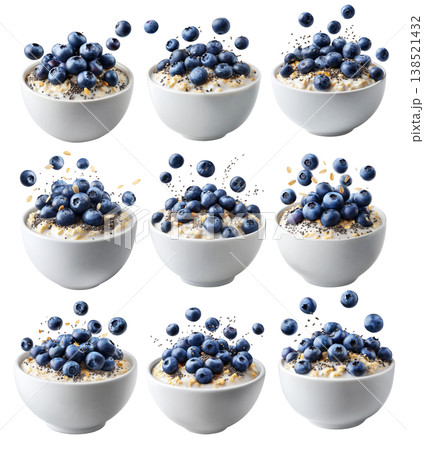 Fresh blueberries and chia seeds on creamy oatmeal in white ceramic bowl, isolated on white transparent background Fresh blueberries and chia seeds on creamy oatmeal in white ceramic bowl, isolated on white transparent background 138521432
