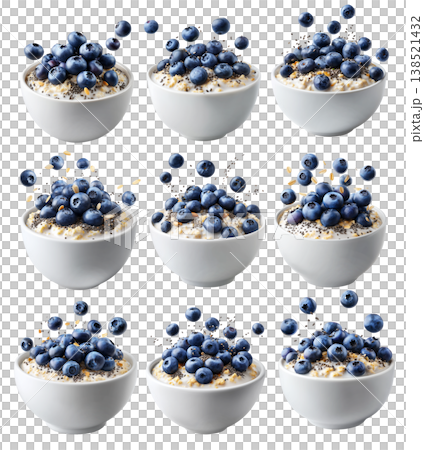 Fresh blueberries and chia seeds on creamy oatmeal in white ceramic bowl, isolated on white transparent background Fresh blueberries and chia seeds on creamy oatmeal in white ceramic bowl, isolated on white transparent background 138521432