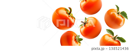Multiple ripe orange persimmons with green leaves isolated on white background, concept of organic healthy food 138521436