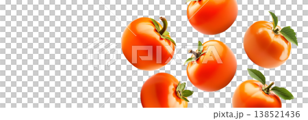 Multiple ripe orange persimmons with green leaves isolated on white background, concept of organic healthy food 138521436
