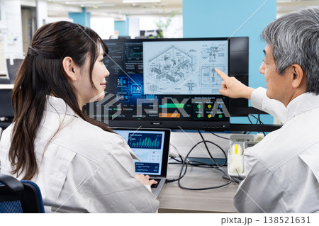 パソコンの画面を見ながら打ち合わせをする作業着の男女 138521631