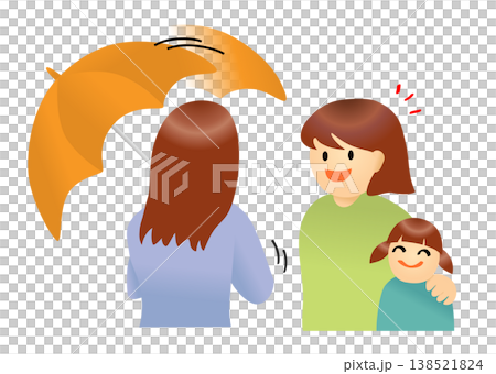 A simple illustration of a woman tilting her umbrella to be considerate of those around her. 138521824