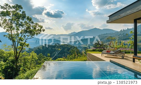 Breathtaking View from Modern Villa Overlooking Scenic Mountain Range Breathtaking View from Modern Villa Overlooking Scenic Mountain Range 138521973