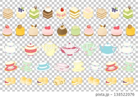 Afternoon Tea Sweets Line Illustration Set 138522076