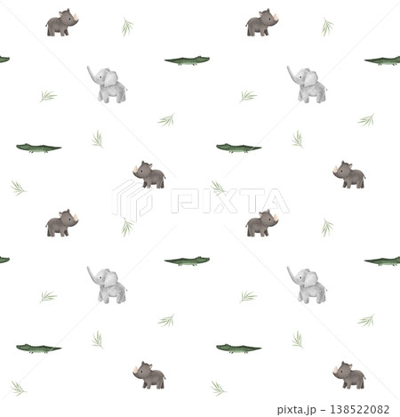 Seamless pattern with leaves and african animals rhinoceros and elephant for children's design. Hand drawn illustration crocodile Cute Print for childish textile design or wallpaper 138522082