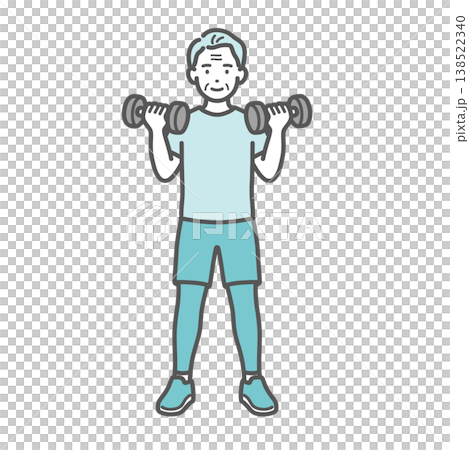 一幅插圖，描繪了一位微笑的老年男子在進行啞鈴訓練。 138522340