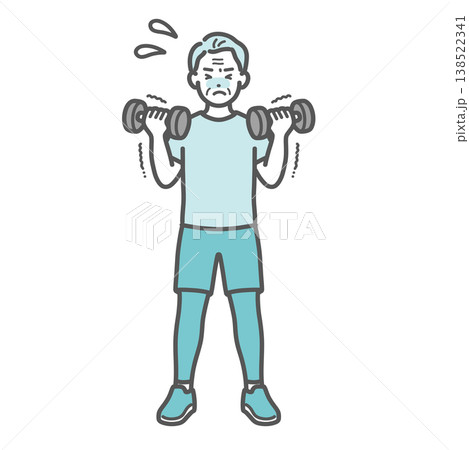 辛そうにダンベルトレーニングをするシニア男性のイラスト 辛そうにダンベルトレーニングをするシニア男性のイラスト 138522341