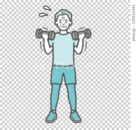 辛そうにダンベルトレーニングをするシニア男性のイラスト 辛そうにダンベルトレーニングをするシニア男性のイラスト 138522341