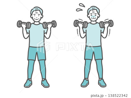 ダンベルトレーニングをするシニア男性の比較セットイラスト 138522342