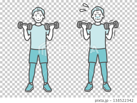 ダンベルトレーニングをするシニア男性の比較セットイラスト 138522342