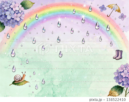 紫陽花と虹と梅雨とカタツムリと傘と長ぐつの便箋 138522410