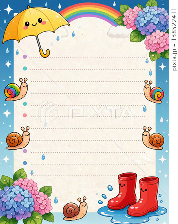 紫陽花と虹と梅雨とカタツムリと傘と長ぐつの便箋 138522411