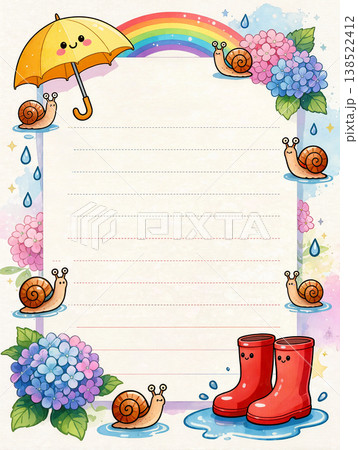 紫陽花と虹と梅雨とカタツムリと傘と長ぐつの便箋 138522412
