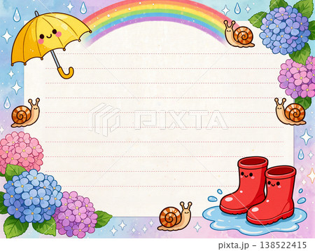 紫陽花と虹と梅雨とカタツムリと傘と長ぐつの便箋 138522415