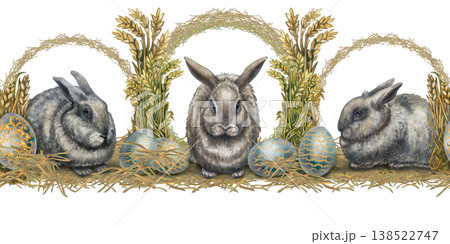 Watercolor Easter seamless border with rabbits, blue gold ornamental eggs, wheat, grass wreaths. Vintage botanical style for festive designs, invitations, packaging, branding, seasonal stationery. 138522747