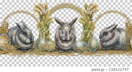 Watercolor Easter seamless border with rabbits, blue gold ornamental eggs, wheat, grass wreaths. Vintage botanical style for festive designs, invitations, packaging, branding, seasonal stationery. 138522747