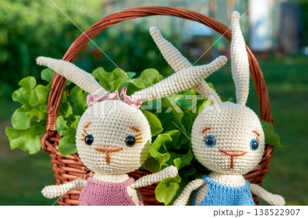 Toy bunnies in a basket with salad on a Sunny summer day 138522907