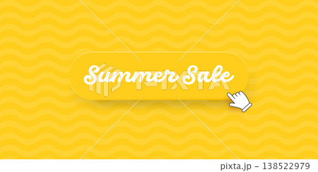 Summer Sale yellow banner with glossy button. 3D realistic web element with retro typography and hand cursor icon. Vibrant summer sale seasonal header on wavy background for online store promotions Summer Sale yellow banner with glossy button. 3D realistic web element with retro typography and hand cursor icon. Vibrant summer sale seasonal header on wavy background for online store promotions 138522979