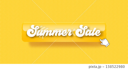 Summer Sale yellow banner with glossy button. 3D realistic web element with retro typography and hand cursor icon. Vibrant summer sale seasonal header on wavy background for online store promotions Summer Sale yellow banner with glossy button. 3D realistic web element with retro typography and hand cursor icon. Vibrant summer sale seasonal header on wavy background for online store promotions 138522980