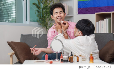 Couple applying makeup together in a cozy setting 138523021
