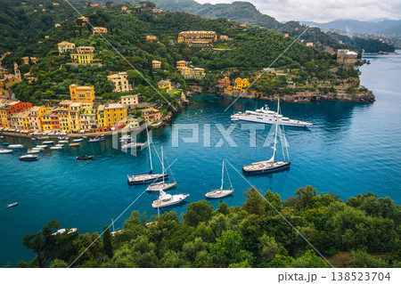 Moored boats and yachts in the bay of Portofino, Italy Moored boats and yachts in the bay of Portofino, Italy 138523704