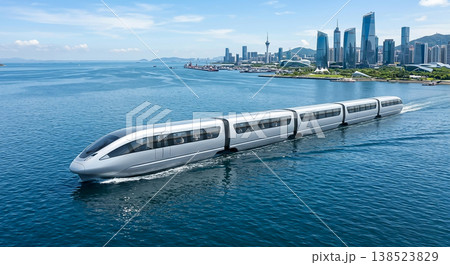 City skyline with a futuristic train traveling over water near urban area in bright daylight City skyline with a futuristic train traveling over water near urban area in bright daylight 138523829
