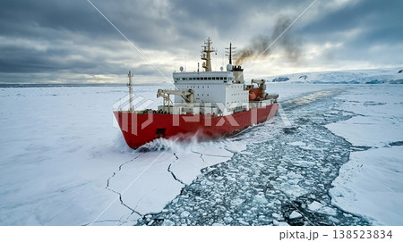 Ship navigates through icy waters in the Arctic during a cloudy winter day with smoke rising from its chimney Ship navigates through icy waters in the Arctic during a cloudy winter day with smoke rising from its chimney 138523834