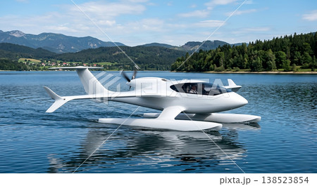 Innovative water and air transport in action on a lake surrounded by mountains 138523854