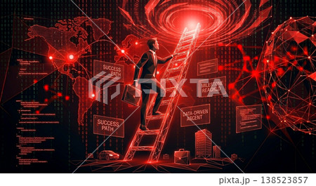 Businessman climbs ladder to data-driven success in digital world with global map background and milestones highlighted Businessman climbs ladder to data-driven success in digital world with global map background and milestones highlighted 138523857