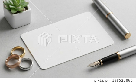 Writing tools and rings on a desk near a small plant with a blank card and a pen in a simple workspace setting 138523860