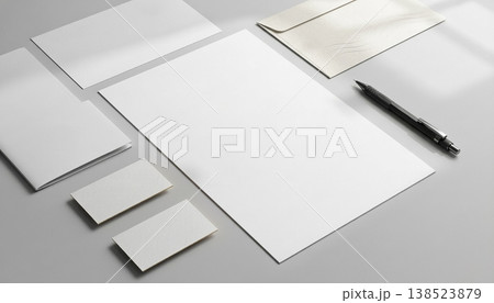 Blank stationery set on a table with a pen and empty envelopes ready for writing 138523879