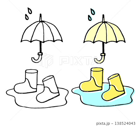 雨の日の傘と長靴の手描き素材セット｜梅雨,天気,生活,子ども 138524043
