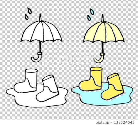 雨の日の傘と長靴の手描き素材セット｜梅雨,天気,生活,子ども 138524043