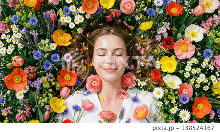 色とりどりの花に埋もれる女性 華やかな美容イメージ 138524167
