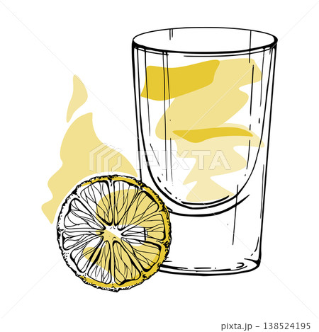 Lemon Drop, juice or lemonade vector cocktail in hand drawn ink shot glass with citrus wheel in golden gradient tones. Isolated illustration. Tropical drink menu layouts, exotic fruit vendor posters. 138524195