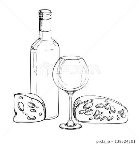 Bottle, balloon glass on long stem and Emmental, maasdam cheese cut pieces. Isolated ink vector illustration. Hand drawn for wine labels, menus, gourmet food packaging, drink lists and pairing guides Bottle, balloon glass on long stem and Emmental, maasdam cheese cut pieces. Isolated ink vector illustration. Hand drawn for wine labels, menus, gourmet food packaging, drink lists and pairing guides 138524201